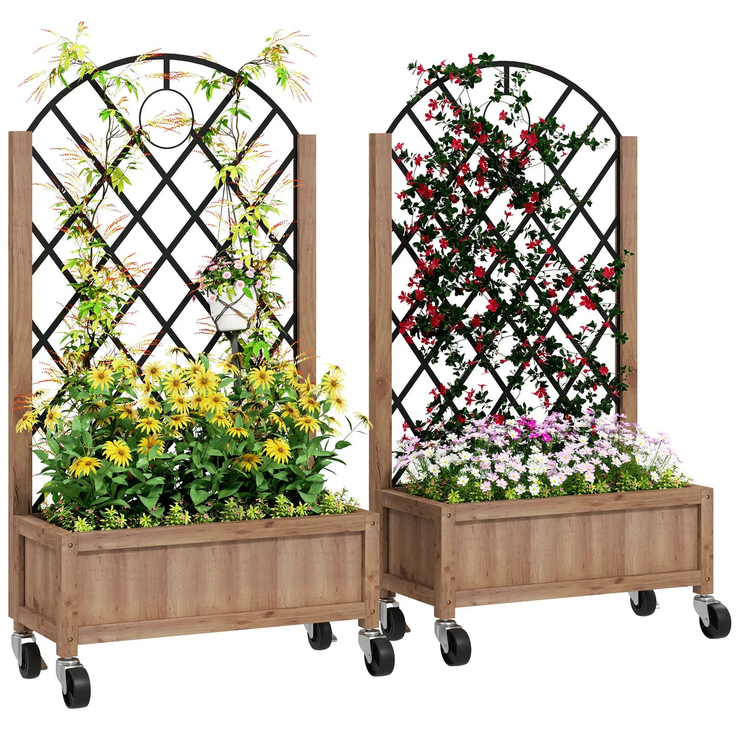 Raised Garden Bed With Metal Trellis, Elevated Planter Box With Wheels, 20.5" x 9.8" x 38.2", Brown Wooden Planter Boxes at Gallery Canada
