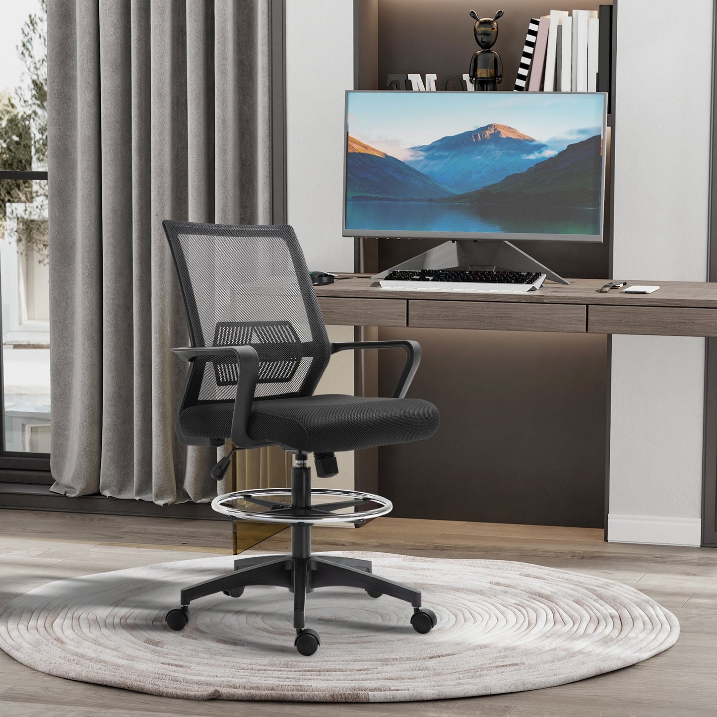 Tall Office Chair, Drafting Chair, Standing Desk Chair with Tilt Function, Adjustable Height and Footrest Ring, Black at Gallery Canada