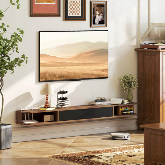 Support TV flottant de 71", console multimédia murale, tiroir basculant, 2 étagères ouvertes, Noyer