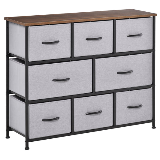 8-Bin Dresser, 3-Tier Fabric Chest of Bins, Storage Tower Organizer Unit with Steel Frame Wooden Top for Living Room, Hallway, Grey - Gallery Canada