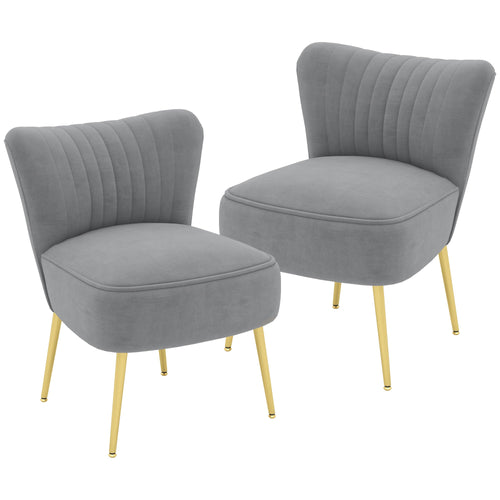 Velvet Lounge Chairs Set of 2, Modern Accent Chairs for Living Room with Gold Steel Legs and Tufting Backrest, Grey