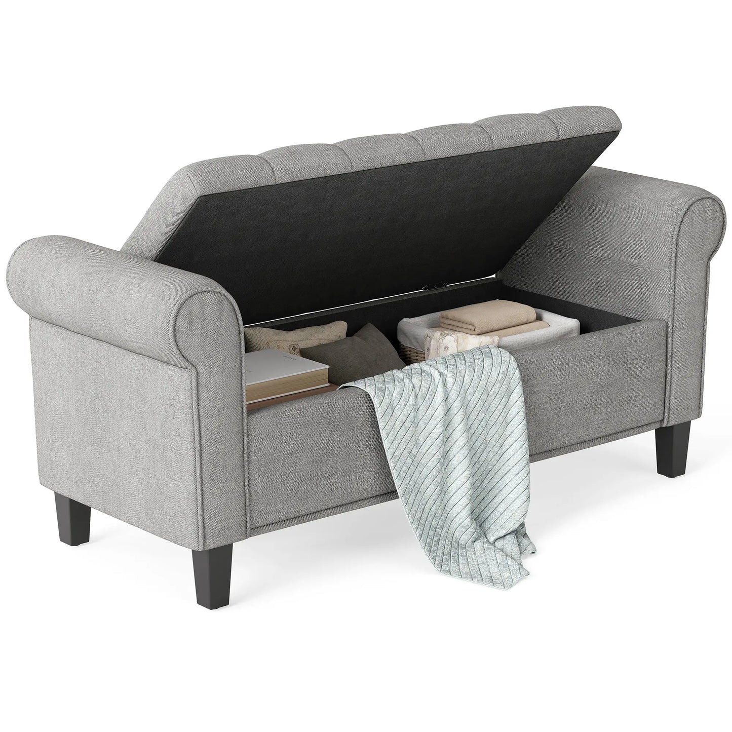 50 Inches Storage Ottoman, Light Grey, Upholstered Bench With Rolled Arms, Light Grey Storage Ottomans & Benches at Gallery Canada