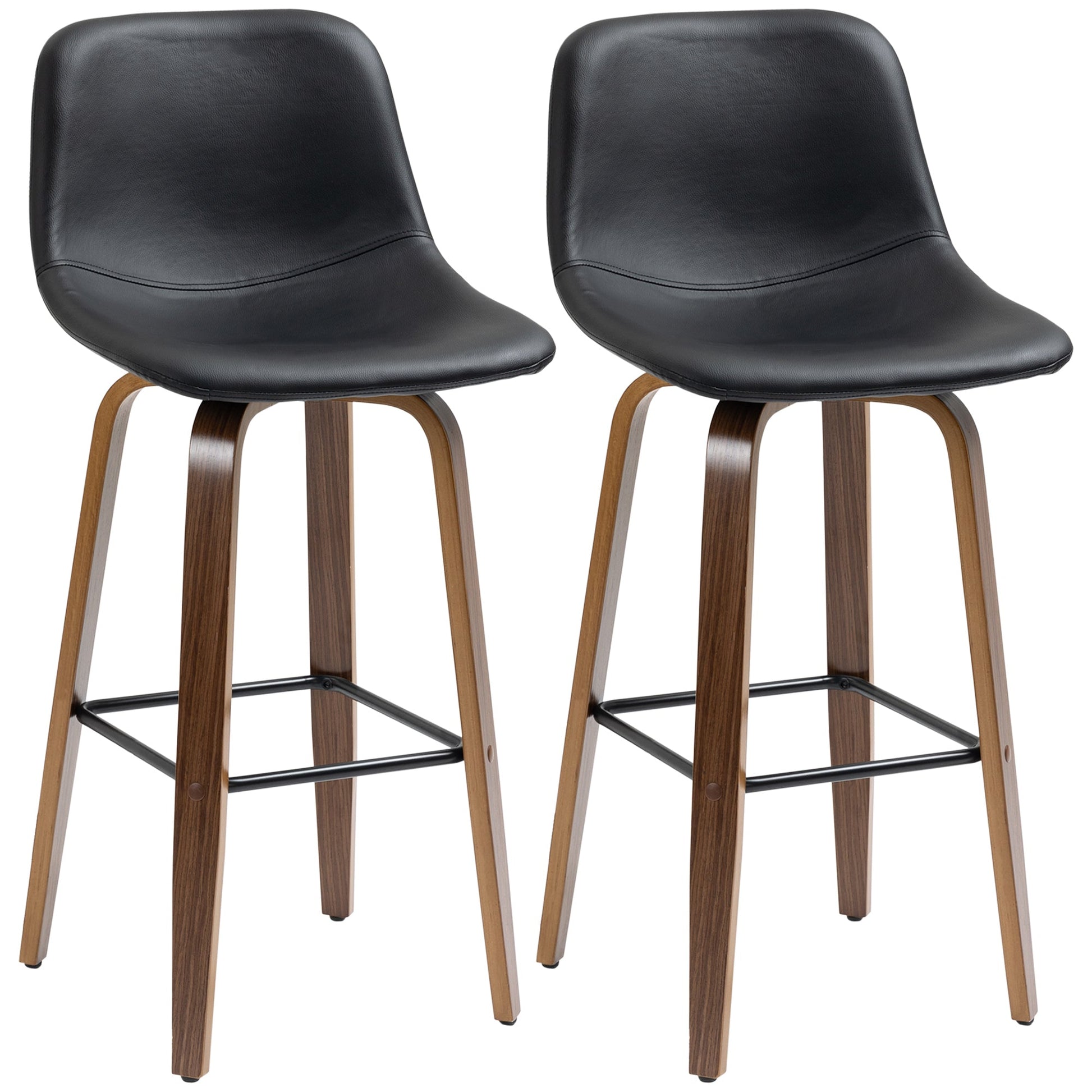 Bar Height Bar Stools Set of 2, Mid-Back Bar Chairs with PU Leather Upholstery and Solid Wood Legs for Kitchen, Black at Gallery Canada