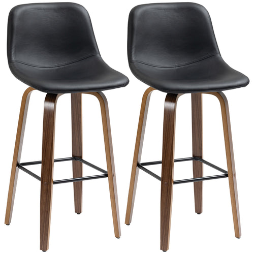 Bar Height Bar Stools Set of 2, Mid-Back Bar Chairs with PU Leather Upholstery and Solid Wood Legs for Kitchen, Black