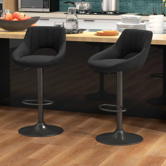 Swivel Bar Stools Set of 2, Linen Upholstered, Round Metal Base Bar Stools Black at Gallery Canada