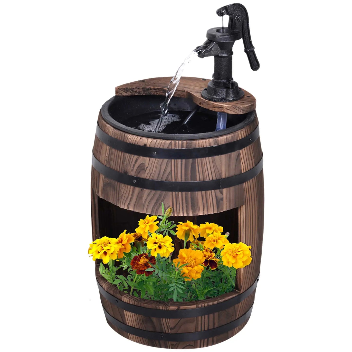 Wooden Outdoor Fountain, Electrical Barrel Waterfall, 3600r/min Pump, Carbonized Water Fountains at Gallery Canada
