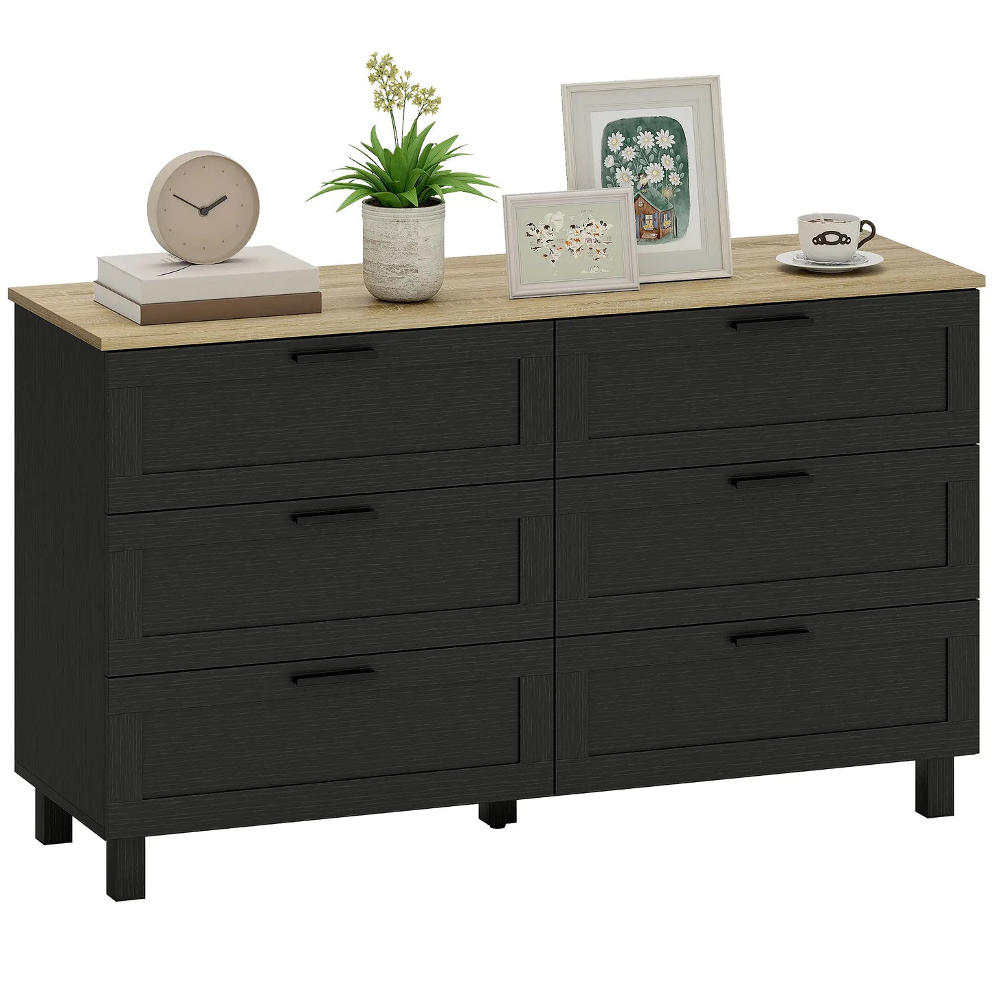 Commode de 47" de large, commode moderne, 6 tiroirs, pieds en bois, noir