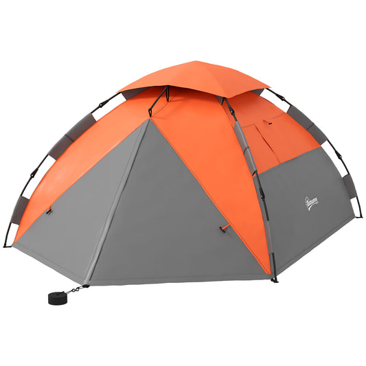 Pop up Camping Tent, 3-4 Man Family Tent, 3000mm Waterproof, with Carry Bag and Top Hook, Grey and Orange