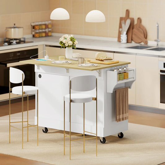 Kitchen Island Cart with Charging Station, Drop Leaf, Trash Can Cabinet, White Kitchen Islands & Kitchen Carts White, Natural at Gallery Canada