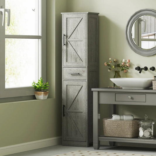 67" Tall Narrow Bathroom Cabinet, Adjustable Shelves, Barn Doors, Dark Grey Bathroom Cabinets Distressed Dark Grey at Gallery Canada