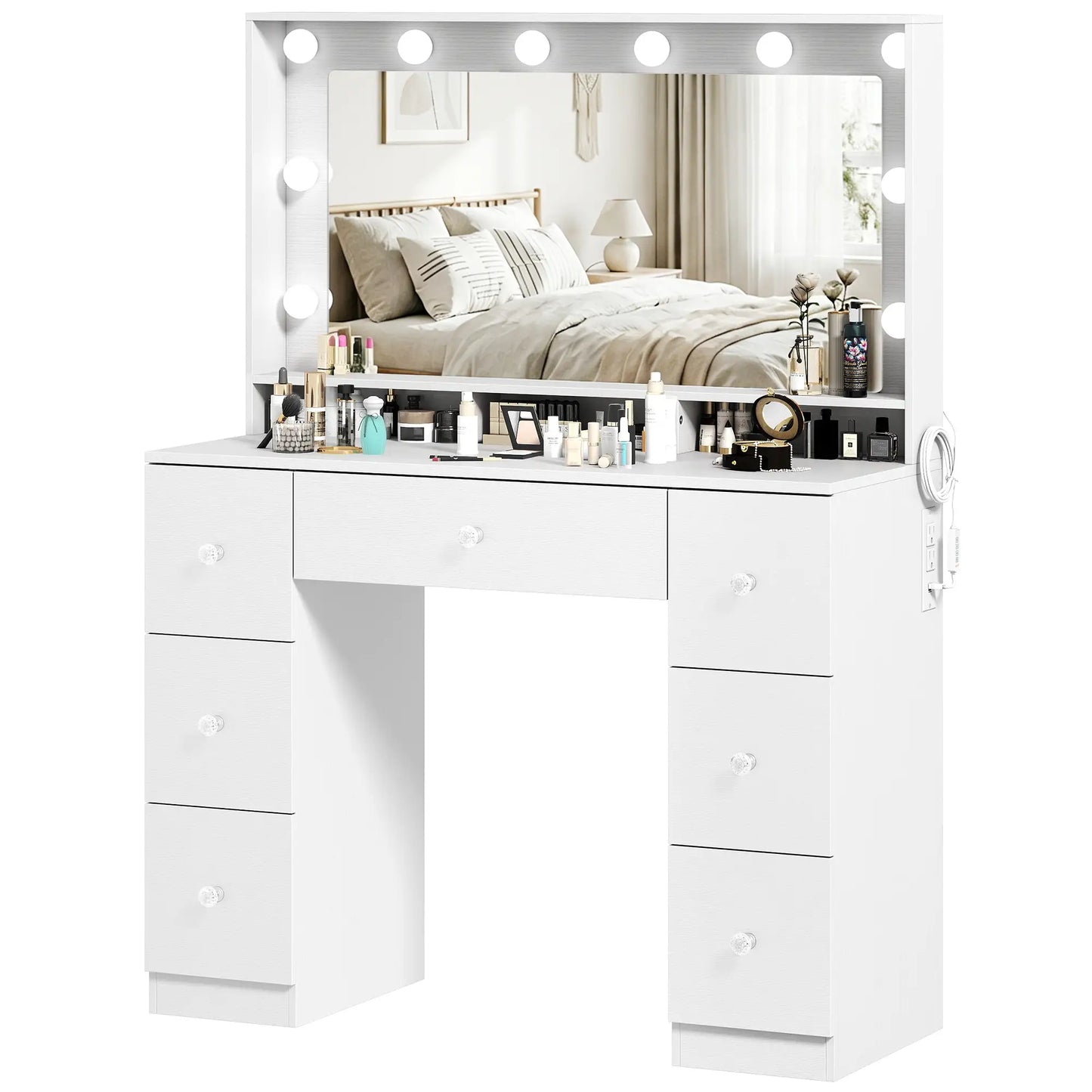 Vanity Desk with 10 Dimmable LED Lights, Mirror Dressing Table with 7 Drawers and Charging Station, White