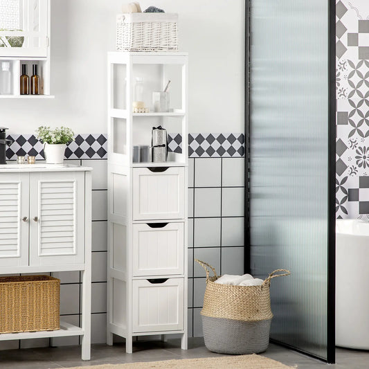 Narrow Bathroom Cabinet, 3 Drawers, 2 Tier Shelf, Tall Cupboard, White Bathroom Cabinets White at Gallery Canada