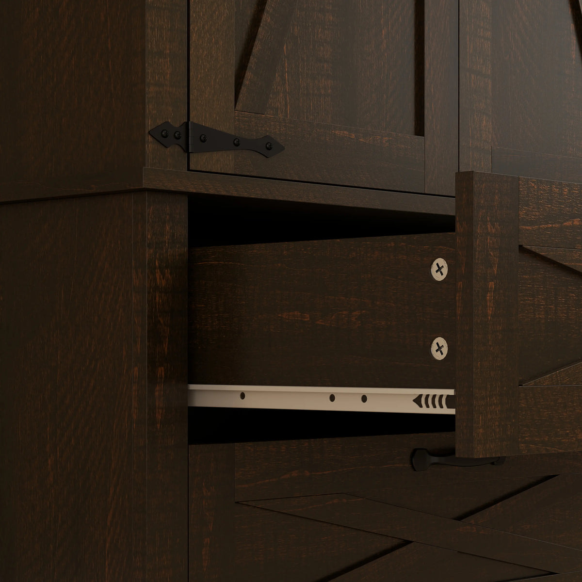 Farmhouse Kitchen Pantry Cabinet, 64", Distressed Dark Brown Kitchen Pantry Cabinets at Gallery Canada