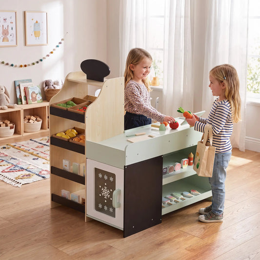 Kids Wooden Grocery Store Playset, Play Food, Cash Register, 44 Accessories