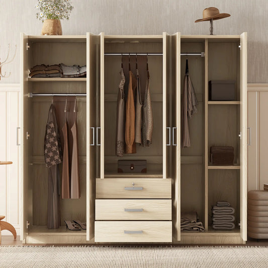 Wooden Wardrobe, 3 Drawers, MDF, Silver Handles, 71" L x 19" W x 68" H, Natural Clothing Storage Natural at Gallery Canada