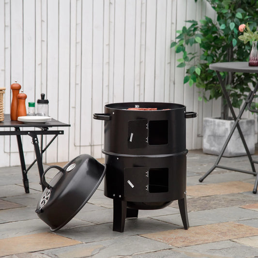 3-In-1 Vertical Charcoal BBQ Smoker, 16" Round Grill With Thermometer, Black Charcoal BBQ Grils Black at Gallery Canada