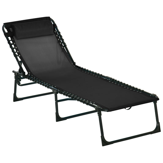 Outdoor Folding Lounge Chair, 4-Level Adjustable Chaise Lounge with Headrest, Tanning Chair Beach Bed Reclining Lounger Cot for Camping, Hiking, Backyard, Black