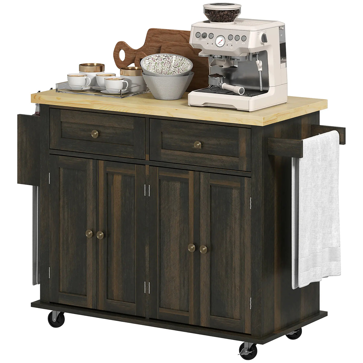 Kitchen Island with Storage, Rolling Cart, Rubber Wood Top, Brown Oak, Brown