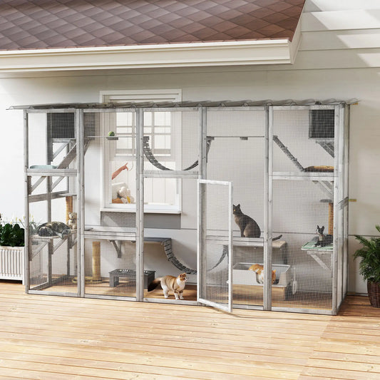 Large Outdoor Catio, Condos, Platforms, Doors, Ladders, Weather-Resistant Roof, Grey Outdoor Cat Enclosures Grey at Gallery Canada