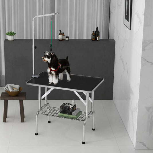 Foldable Dog Grooming Table, Height Adjustable Arm, Storage Shelf, Black Dog Grooming Tables Black, Silver at Gallery Canada