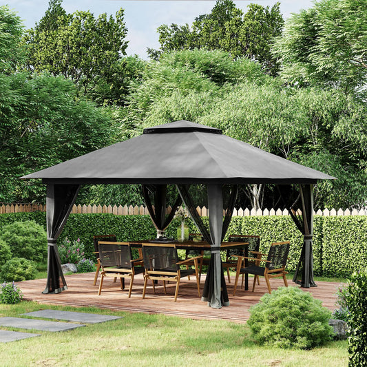 13' x 13' Pop Up Canopy, 2-Tier Roof Tent with Net, Carry Bag, Grey Pop Up Canopies Dark Grey at Gallery Canada