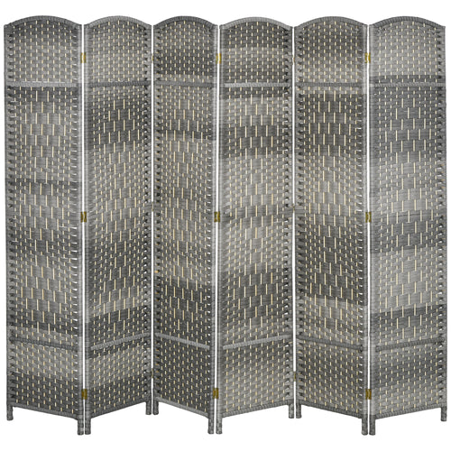 6 Ft Tall Folding Room Divider, 6 Panel Portable Privacy Screen, Hand-Woven Partition Wall Divider, Mixed Grey