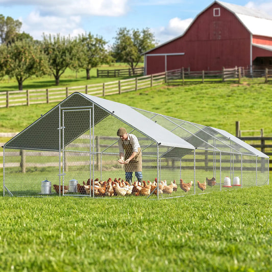 Metal Chicken Coop with Water- and UV-Protection Cover for Backyard Hen, Duck, Rabbit, 32.8' x 9.8' x 6.4' Chicken Coops Silver at Gallery Canada