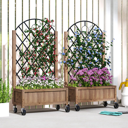 Raised Garden Bed With Metal Trellis, Elevated Planter Box With Wheels, 20.5" x 9.8" x 38.2", Brown Wooden Planter Boxes Brown, Black at Gallery Canada