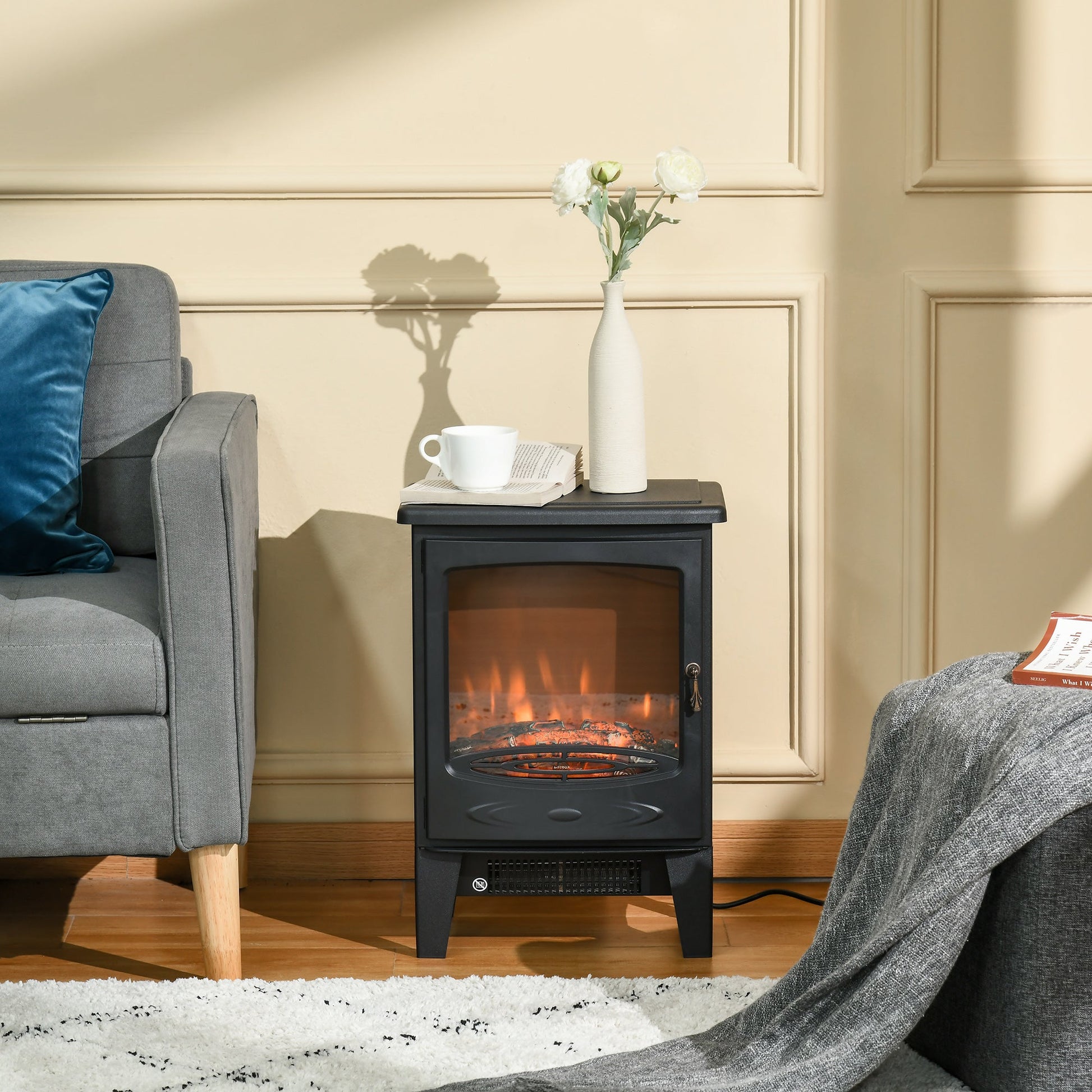 Electric Fireplace Stove, Free standing Fireplace Heater with Realistic Flame Effect, Overheat Safety Protection, 750W/1500W, Black at Gallery Canada