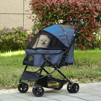 4 Wheels Pet Stroller with Reversible Handle, Foldable Cat Dog Travel Carriage with EVA Wheel Brake, 3-stage Canopy, Mesh Window Door, Dark Blue at Gallery Canada