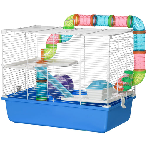 3-Tier Large Toy-Filled Steel Small Animal Cage, Includes Exercise Wheel, Water Bottle, Food Dish, Blue