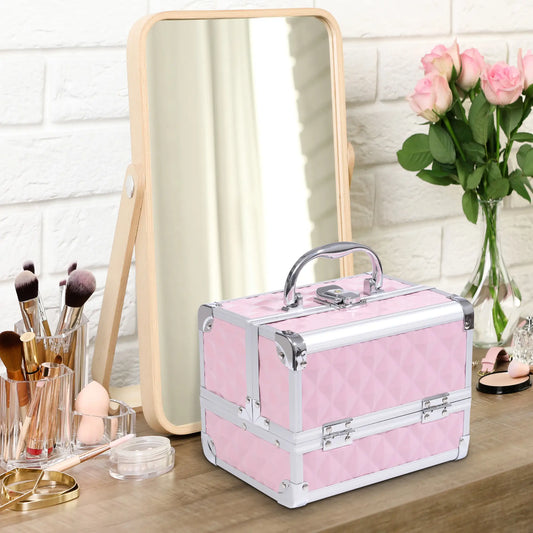 Étui à maquillage à texture diamant 3 niveaux, organisateur de cosmétiques avec miroir, rose