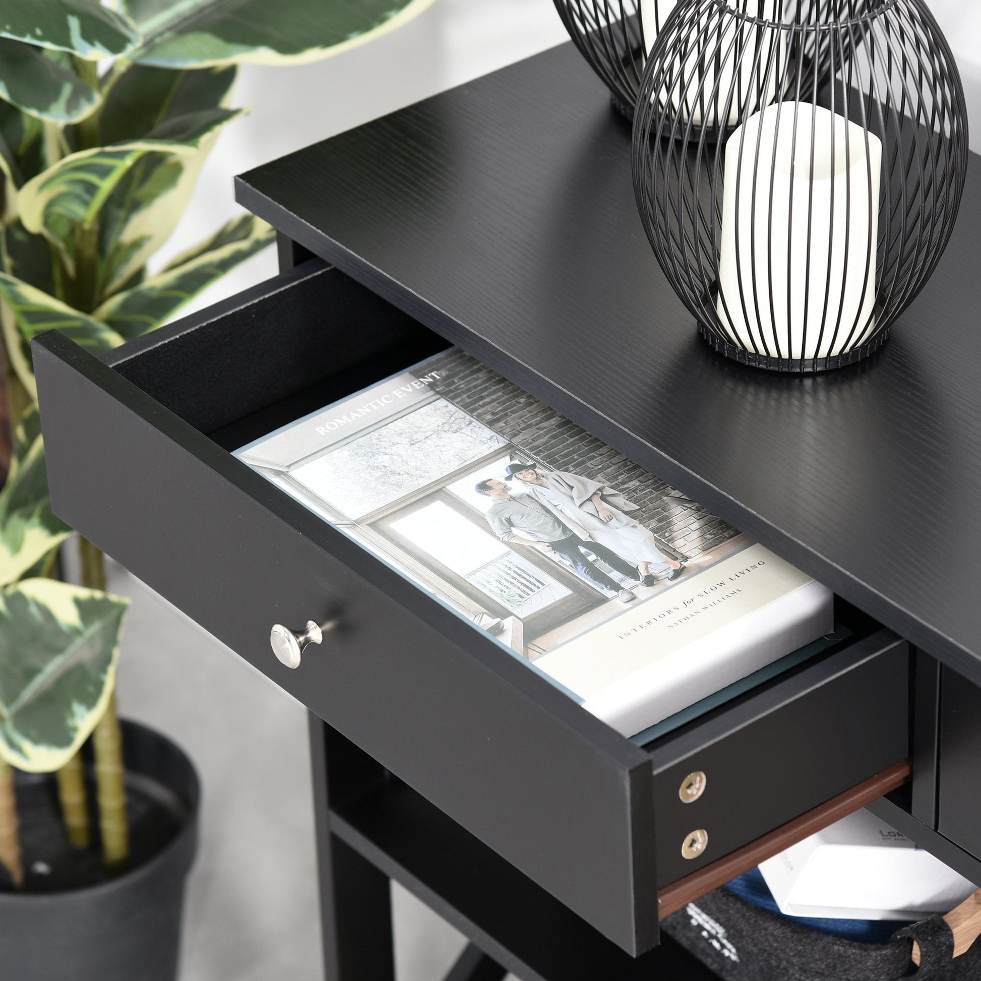 Console Table Sofa Side Desk with Storage Shelves Drawers X Frame for Living Room Entryway Black at Gallery Canada