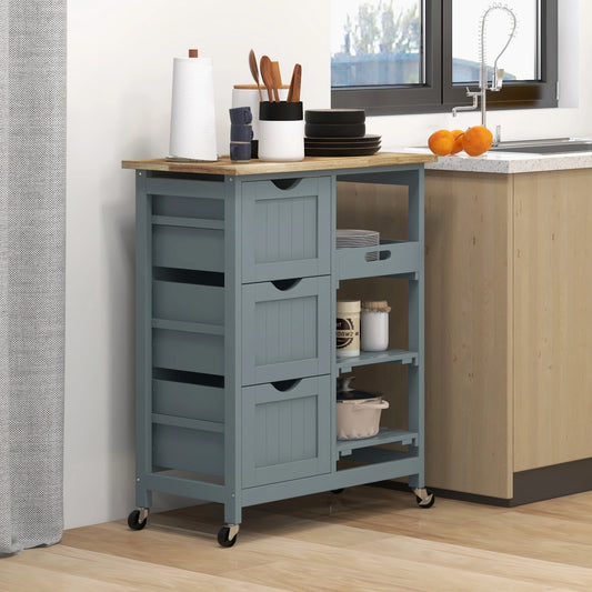 Kitchen Cart on Wheels, Wood Top, 3 Drawers, Shelves Kitchen Islands & Kitchen Carts Grey at Gallery Canada