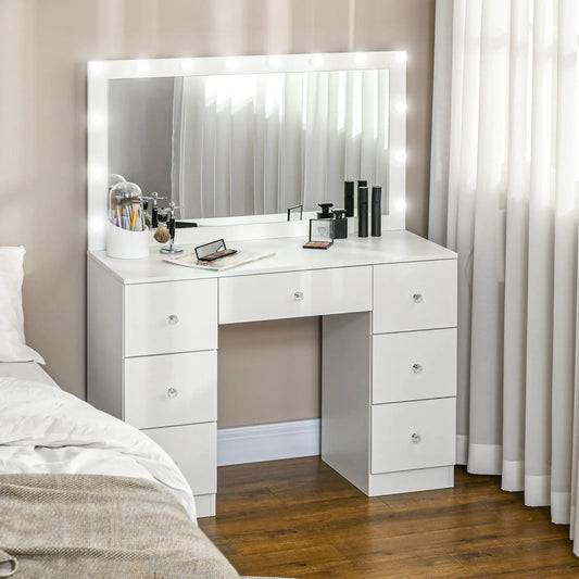 Modern Makeup Vanity Table, Mirror with 10 LED Lights, 7 Drawers, White Dressing & Vanity Tables White at Gallery Canada