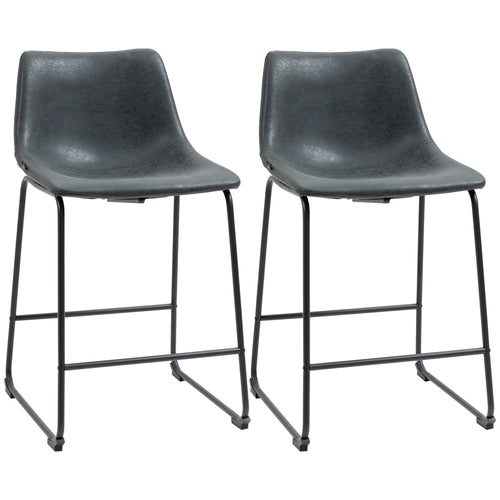 Counter Height Bar Stools Set of 2, Vintage PU Leather Bar Chairs, Kitchen Stool with Footrest for Home Bar, Black