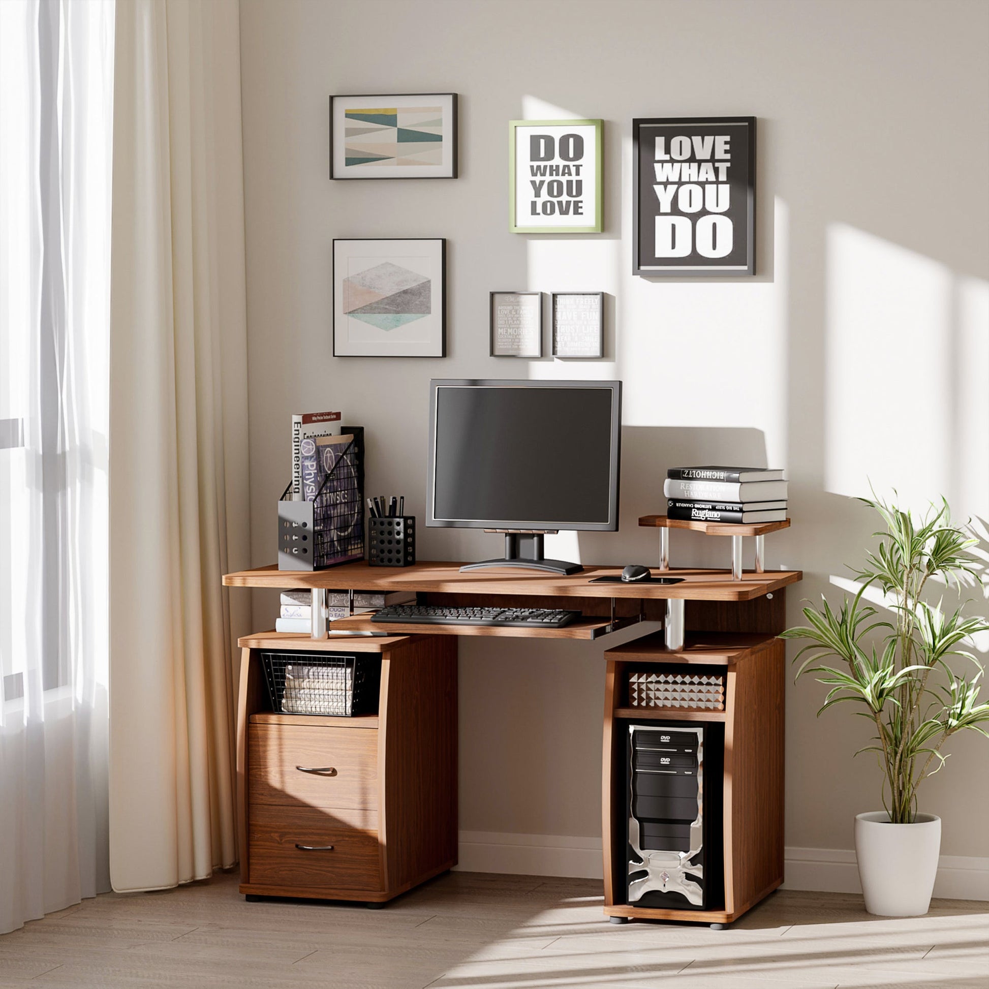 Computer Desk with Keyboard Tray, CPU Stand, Writing Desk with Drawers, Workstation for Home Office, Walnut Brown - Gallery Canada