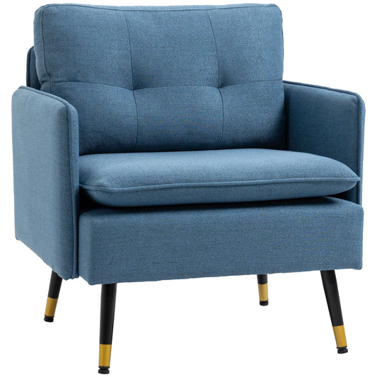 Accent Chair with Cushioned Seat and Back, Upholstered Fabric Armchair for Bedroom, Button Tufted Living Room Chair with Arms and Steel Legs, Blue - Gallery Canada