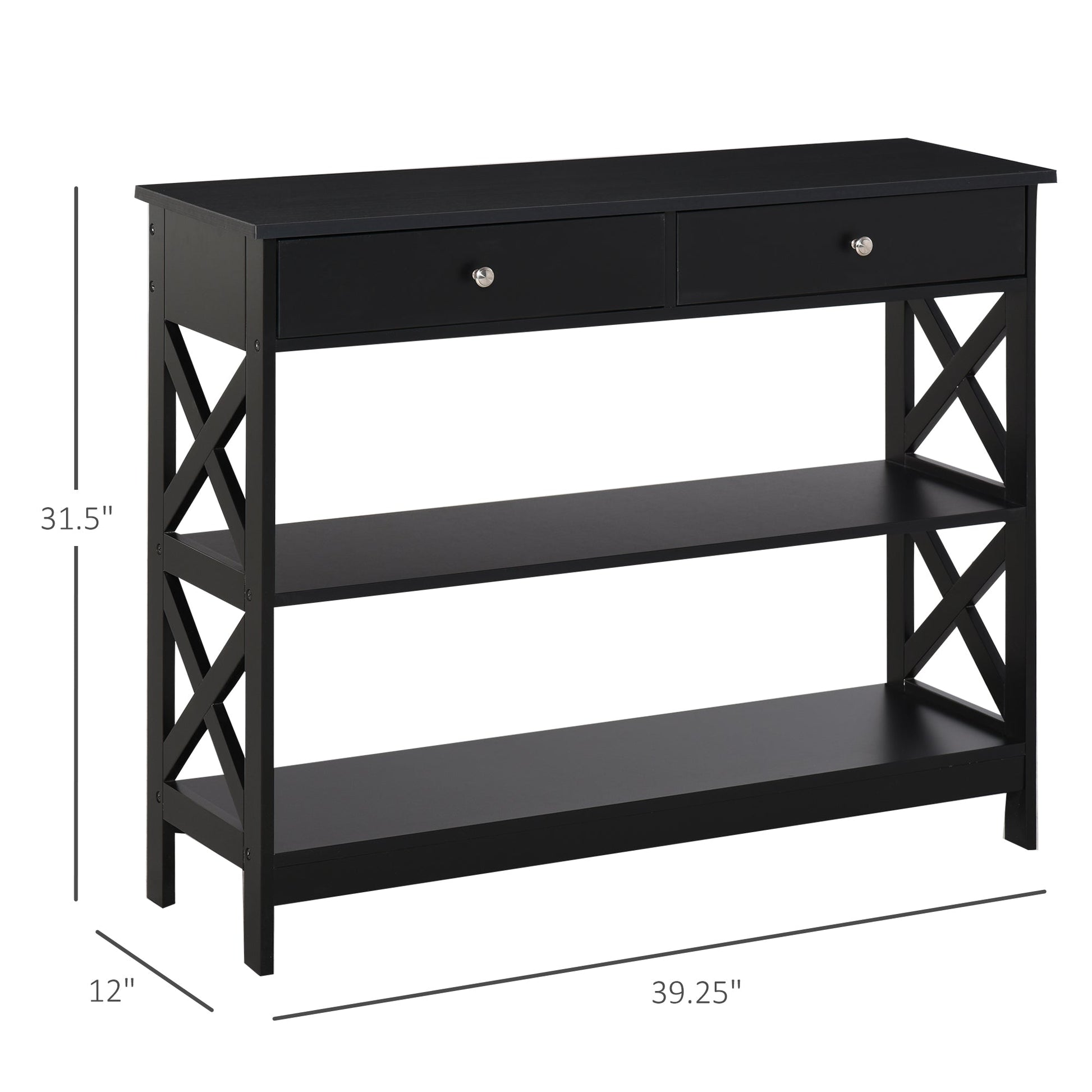 Console Table Sofa Side Desk with Storage Shelves Drawers X Frame for Living Room Entryway Black at Gallery Canada