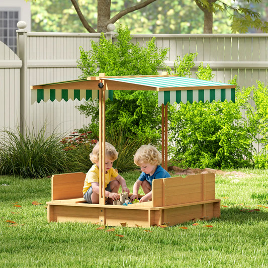 Wooden Kids Sandbox with Cover, Foldable Bench Seats, Adjustable Canopy, Light Brown Sandboxes & Accessories Light Brown, Green at Gallery Canada