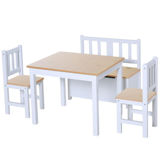 4-Piece Set Kids Wood Table Chair Bench with Storage Function Easy to Clean Gift for Girls Boys Toddlers Age 3 Years up Natural and White - Gallery Canada