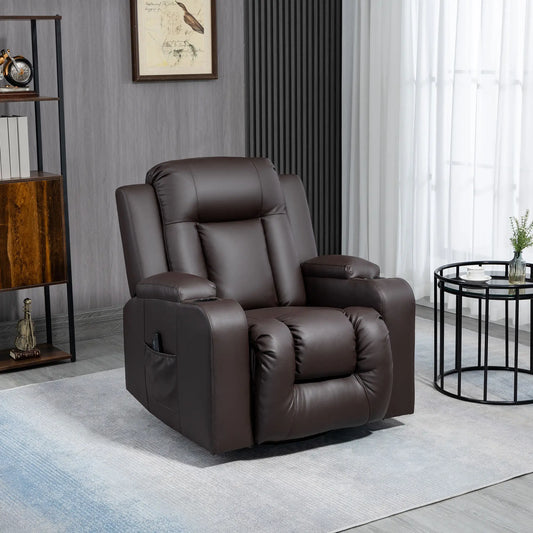 Swivel Massage Recliner Chair, Manual Rocking Sofa, PU Leather, Brown Single Sofas Brown at Gallery Canada