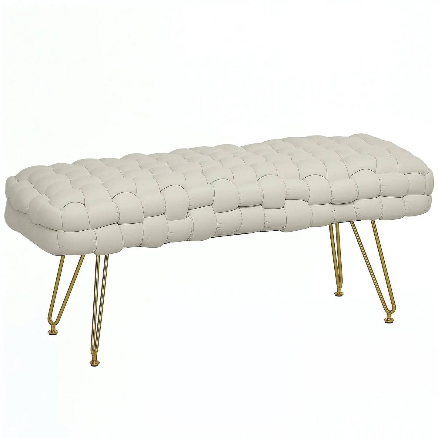 Banc de velours pour pied de lit, 39", Pieds en métal doré, Blanc crème