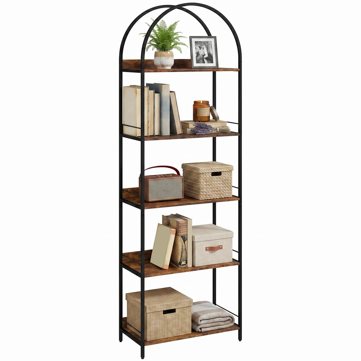Bibliothèque voûtée de 73.2" de hauteur, 5 niveaux, industrielle, marron rustique