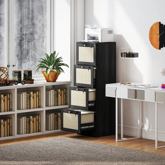 4 Drawer Filing Cabinet with Lock, Boho Style, A4 Letter Size, Black Office Cabinets & Cupboards Black at Gallery Canada