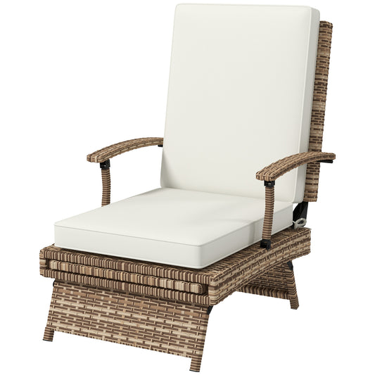 Outdoor Wicker Foldable Recliner Chair with Retractable Footrest, Cushion, White