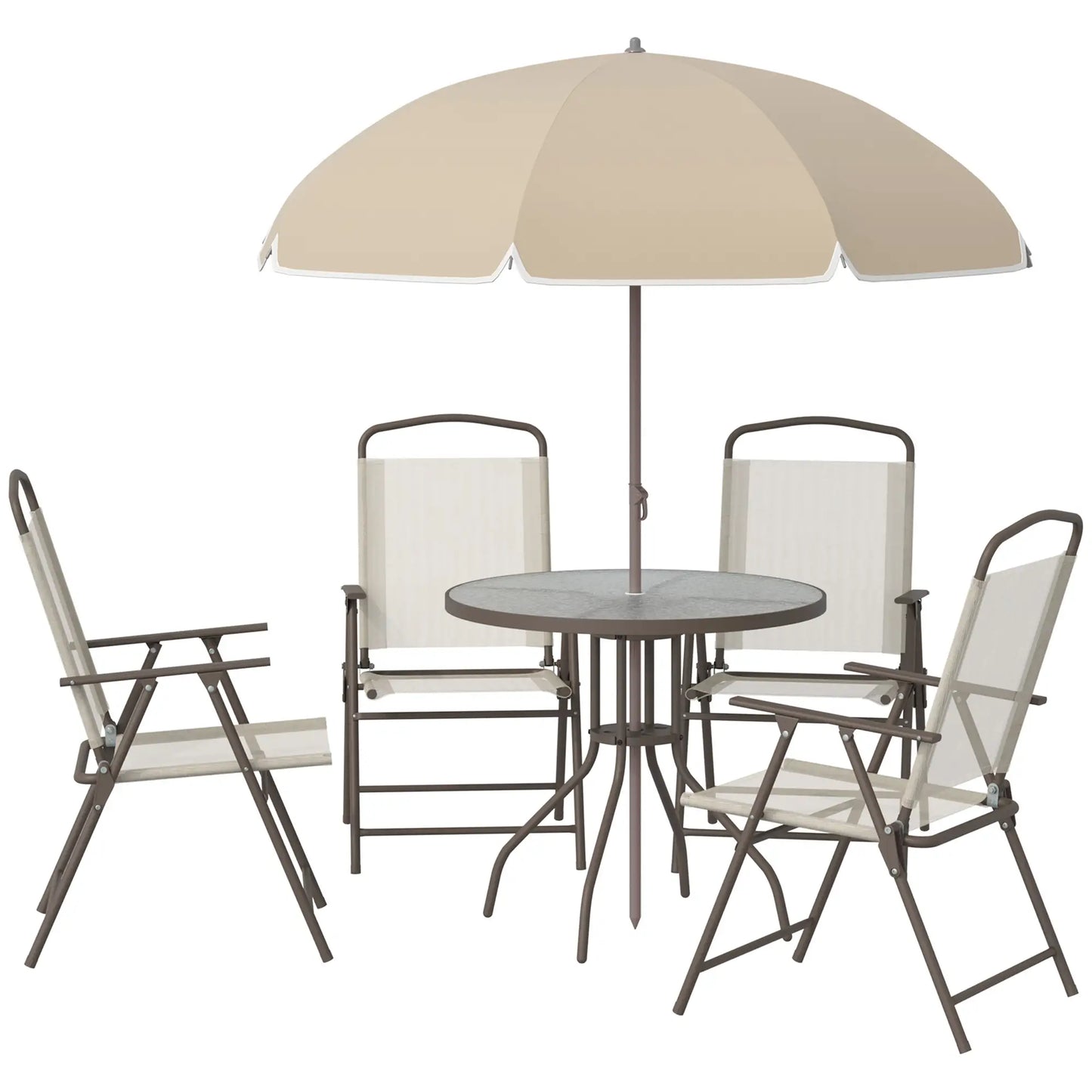 6-Piece Outdoor Dining Set, Round Table, 4 Folding Chairs, Cream