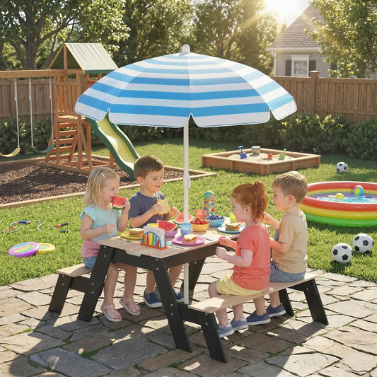 Kids Picnic Table with Umbrella, 3 in 1 Wooden Sand &; Water Table with 2 Hidden Play Boxes for Patio, Ages 3-6 Kids Outdoor Furniture Natural Wood, Black, Blue, White at Gallery Canada