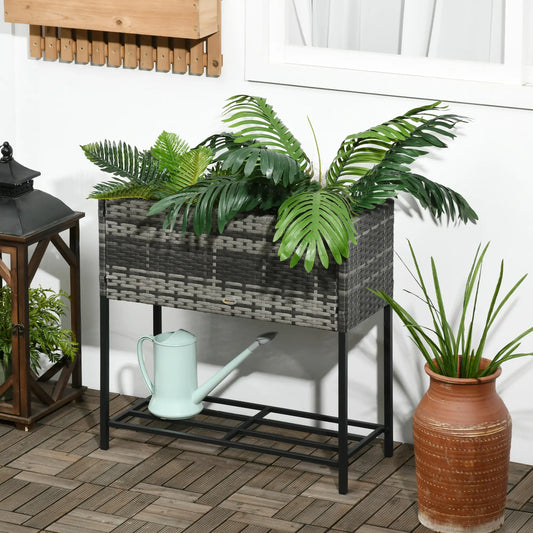 Rattan Raised Garden Box, Elevated Flower Bed with Shelf, Mixed Grey, Grey Plant Stands Mixed Grey, Black at Gallery Canada