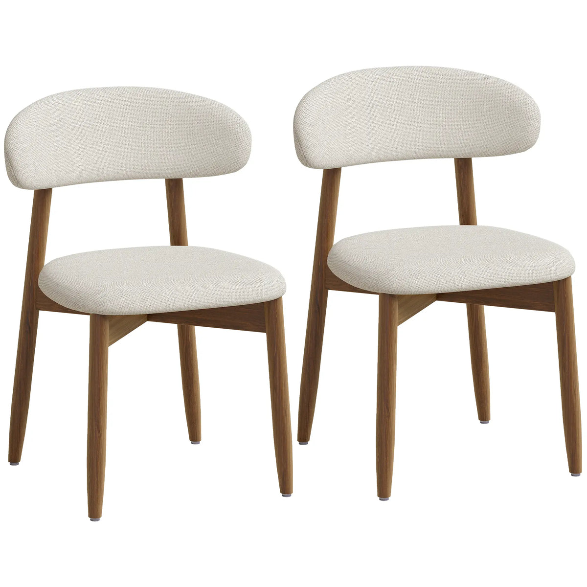 Ensemble de 2 chaises de salle à manger en faux lin blanc crème avec pieds en bois d'hévéa, blanc crème